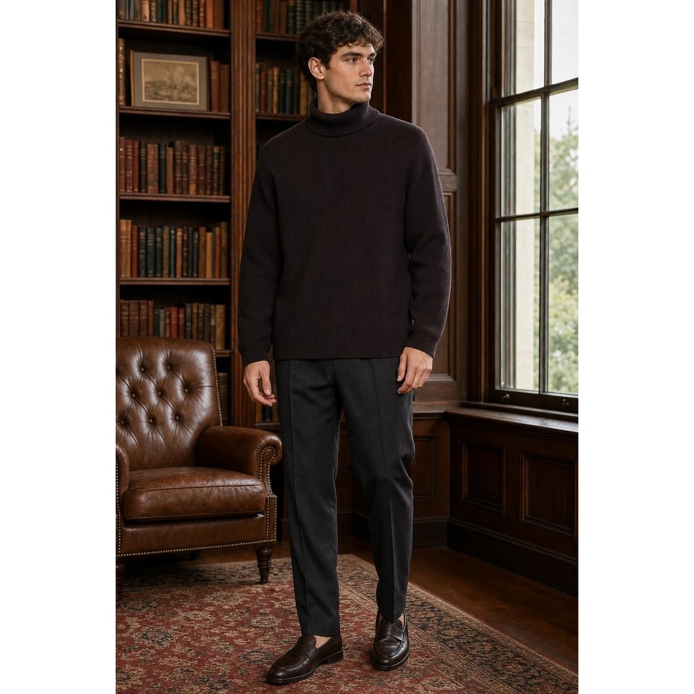 Alfani Merino Wool Turtleneck Sweater Men's XL Brown Ribbed Knit Dark Academia